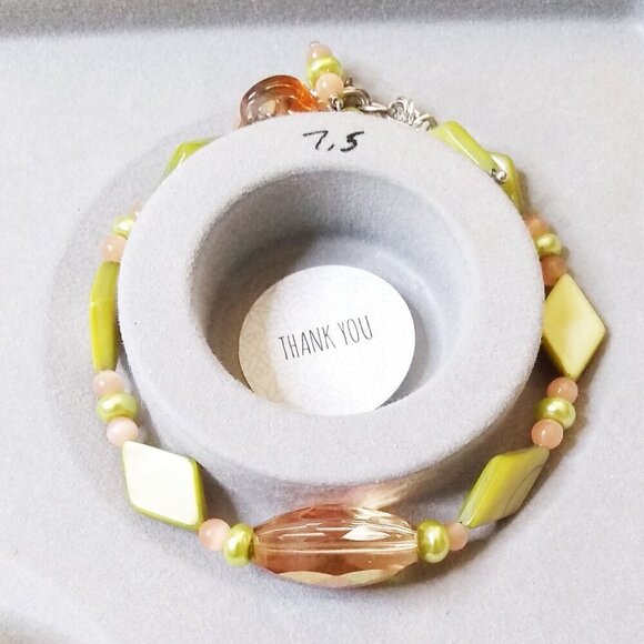Charteuse & Apricot! Beaded Bracelet: Shell Crystal CatsEye Faux Pearls FOR 7-8" - Picture 10 of 12